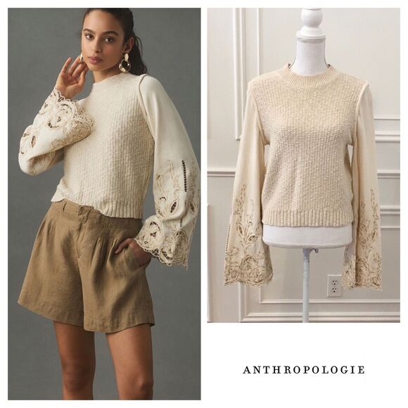 Anthropologie Textured Eyelet Twofer Sweater Vest Top Embroidered Beige Sz M - Picture 1 of 16